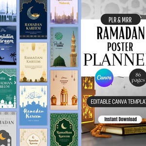 Puede incluir: Una colección de carteles con temática de Ramadán con mezquitas, linternas y lunas crecientes en tonos azules, dorados y verdes. La imagen también presenta un planificador con el texto "Ramadan Poster Planner" y "Editable Canva Template".
