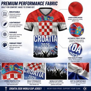 May include: A V-neck Croatia 2026 jersey featuring a red and white checkerboard pattern, a national crest, and a stadium crowd graphic. The shirt includes text labels highlighting premium performance fabric, honeycomb texture, and vibrant print.