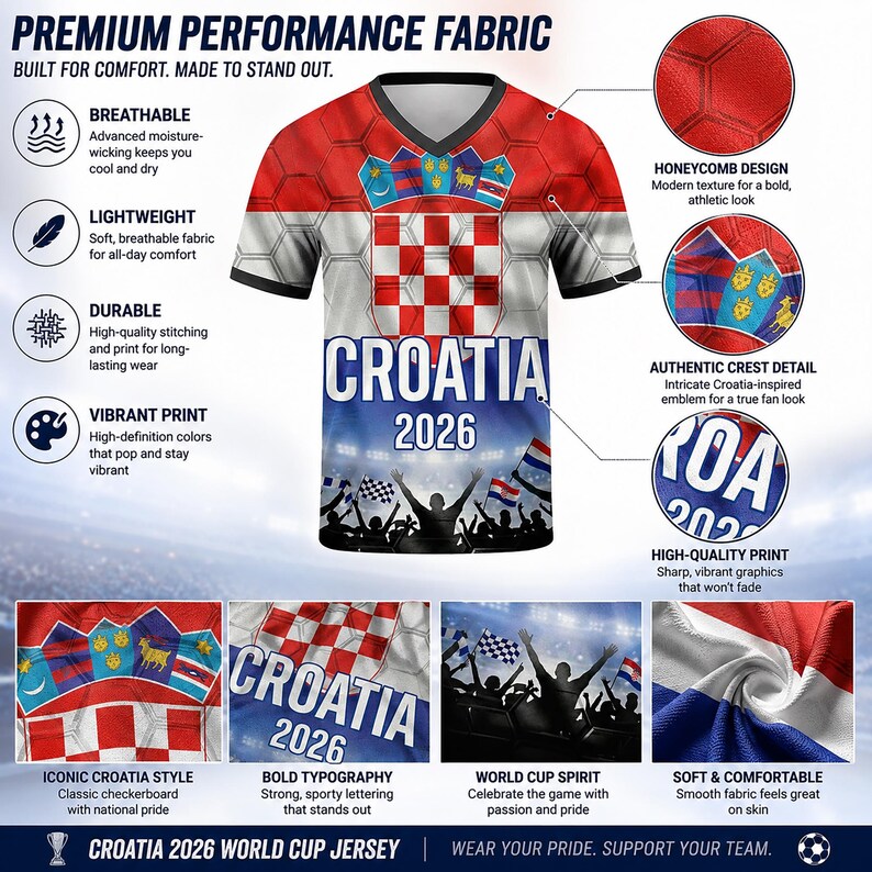 May include: A V-neck Croatia 2026 jersey featuring a red and white checkerboard pattern, a national crest, and a stadium crowd graphic. The shirt includes text labels highlighting premium performance fabric, honeycomb texture, and vibrant print.