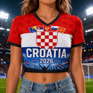 May include: A red and white V-neck crop top featuring a large Croatian checkerboard emblem, the text CROATIA 2026, and a graphic of a cheering crowd with flags. The sleeves and neckline have black trim, and the fabric has a subtle hexagonal pattern.