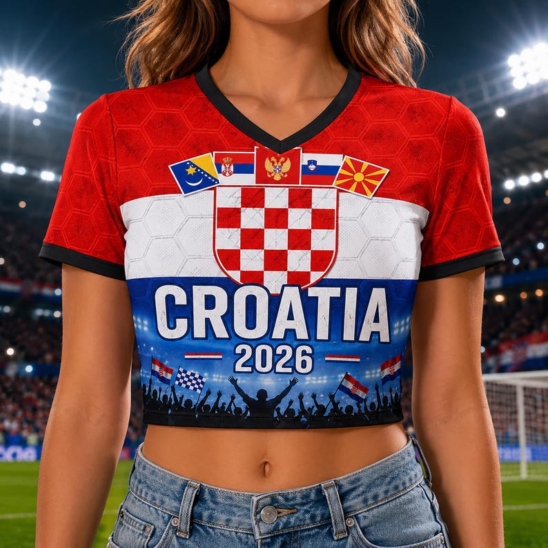 May include: A red and white V-neck crop top featuring a large Croatian checkerboard emblem, the text CROATIA 2026, and a graphic of a cheering crowd with flags. The sleeves and neckline have black trim, and the fabric has a subtle hexagonal pattern.