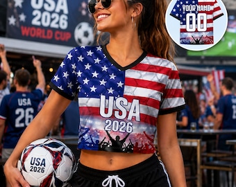 Custom USA Crop Top Soccer Jersey 2026, Personalized Name Number World Cup Shirt for Women, Game Day Fan Gift