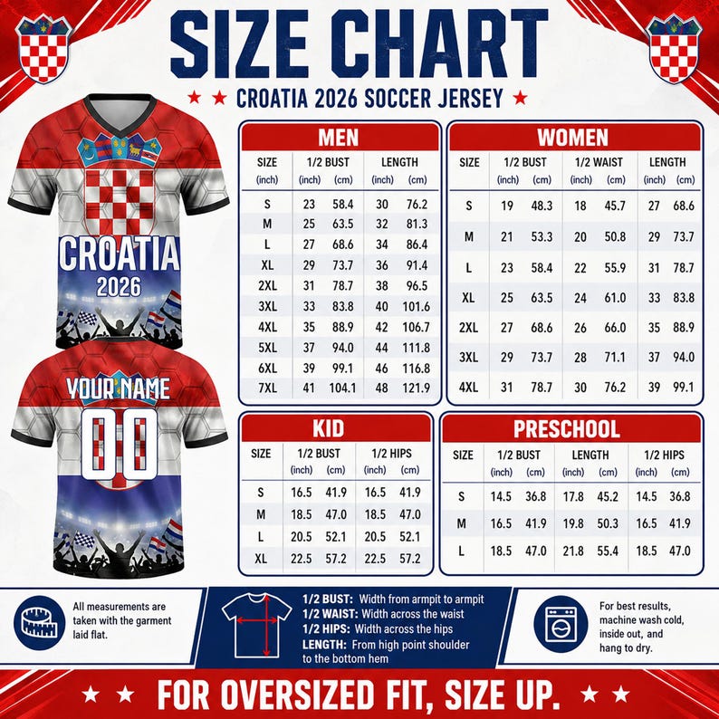 May include: A Croatia 2026 soccer jersey size chart featuring front and back views of a red, white, and blue jersey with the Croatian coat of arms. The chart includes detailed measurement tables for men, women, kids, and preschool sizes in inches.