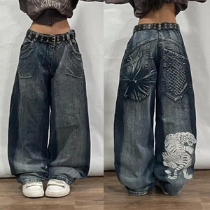 Y2K Jeans Mens Hip Hop Retro Skull Embroidery Washed Baggy Denim Pants New  Straight Casual Loose Wide Leg Trouser Streetwear - AliExpress