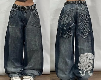 Hip Hop Streetwear Big Pocket Death Print Baggy Pants, Vintage High Waist Denim Pants Harajuku Trousers