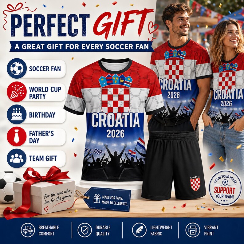Pu&ograve; includere: Una maglietta a maniche corte con il motivo a scacchi rosso e bianco croato, il testo CROATIA 2026 e una grafica di una folla da stadio. Il set include pantaloncini sportivi neri con un piccolo stemma croato e una scatola regalo bianca con nastro rosso.