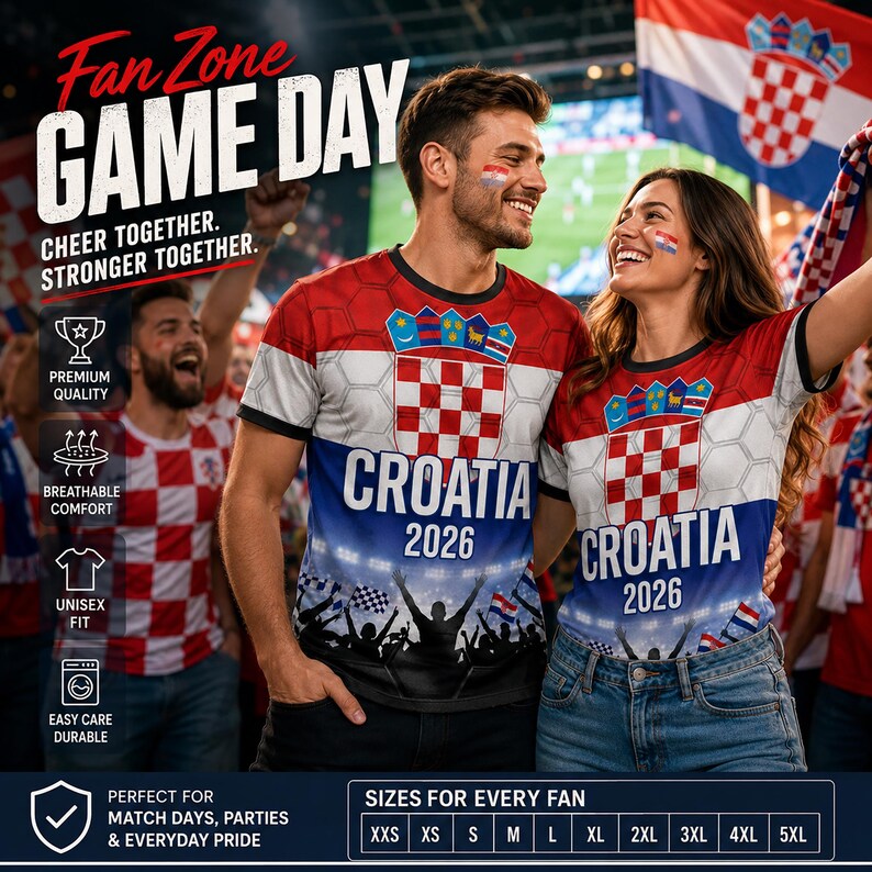Pu&ograve; includere: Una t-shirt a maniche corte con il design della bandiera croata, un motivo a scacchi rossi e bianchi, la scritta CROATIA 2026 e una grafica di una folla da stadio. La maglietta presenta un girocollo nero e un sottile motivo esagonale.