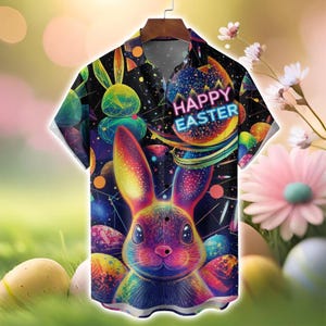 May include: A short-sleeved button-down shirt with a vibrant Easter-themed design. The shirt features a colorful illustration of a bunny, Easter eggs, and the words "HAPPY EASTER" in a neon-style font. The background is a dark, starry sky.