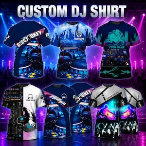 May include: A collection of short-sleeved t-shirts featuring vibrant, full-print graphics of DJ equipment, turntables, headphones, and silhouettes of crowds. The designs include text elements such as "DISCJOCKEY" and "YOUR NAME" in various layouts.