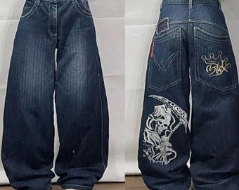 Jeans oversize streetwear hip-hop, jeans larghi con stampa morte grunge, jeans teschio, jeans taglie forti, pantaloni streetwear