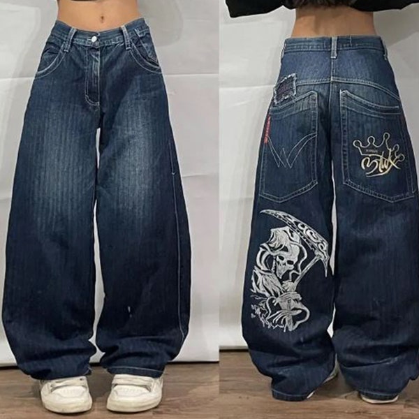 Jeans streetwear hip hop surdimensionné, jean ample à imprimé mort grunge, jean tête de mort, jean grande taille, pantalon streetwear