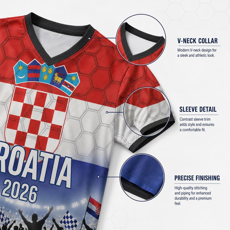May include: A red, white, and blue V-neck jersey featuring the Croatian coat of arms, a honeycomb pattern, and the text CROATIA 2026. The jersey includes callouts for the V-neck collar, sleeve detail, and precise finishing with high-quality stitching.