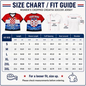 May include: A size chart and fit guide for a cropped Croatia soccer jersey. The graphic displays front and back views of the red, white, and blue jersey, alongside a measurement diagram and a table listing dimensions in inches and centimeters.