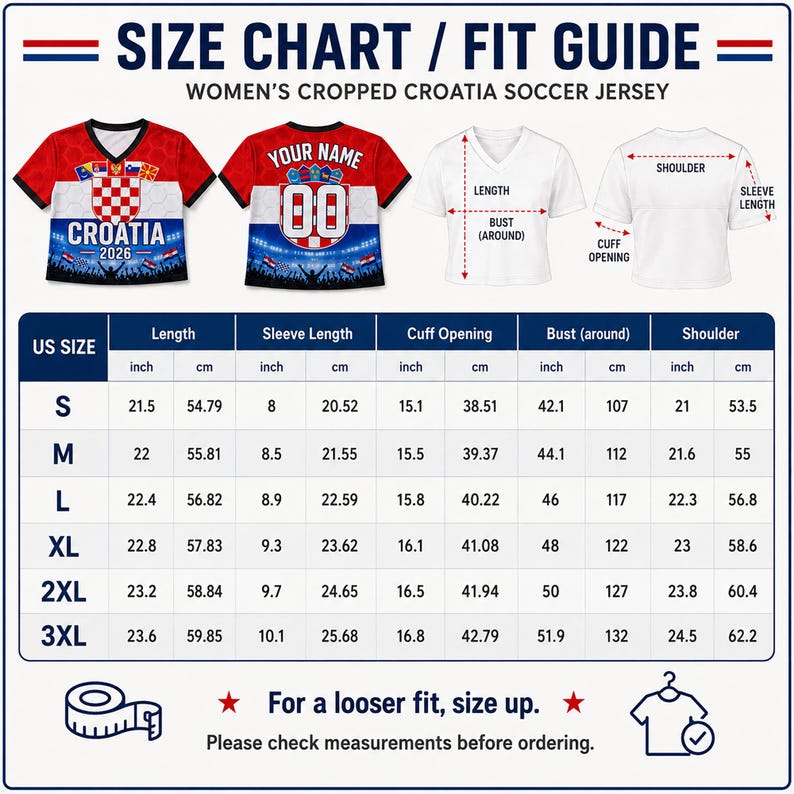 May include: A size chart and fit guide for a cropped Croatia soccer jersey. The graphic displays front and back views of the red, white, and blue jersey, alongside a measurement diagram and a table listing dimensions in inches and centimeters.