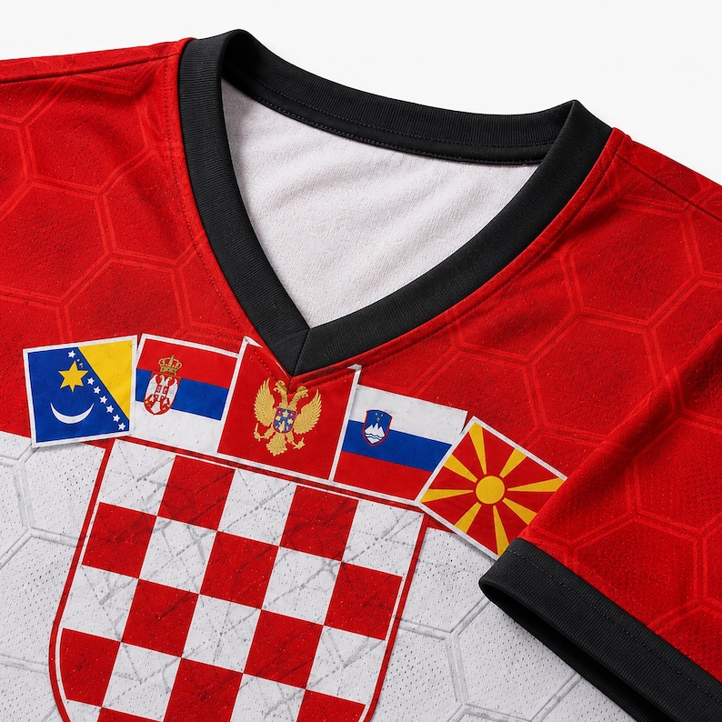 May include: A red and white V-neck jersey featuring a repeating hexagonal pattern. The front displays a large red and white checkered shield emblem below a row of five distinct national flags, including those of Bosnia, Serbia, Montenegro, Slovenia, and North Macedonia.