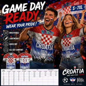May include: A V-neck t-shirt featuring the red and white Croatian checkerboard pattern, the text CROATIA 2026, and a stadium crowd graphic. The shirt is breathable, lightweight, and quick-dry, available in sizes S-7XL with a detailed size chart.
