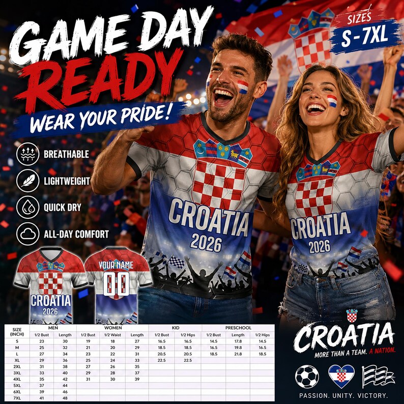May include: A V-neck t-shirt featuring the red and white Croatian checkerboard pattern, the text CROATIA 2026, and a stadium crowd graphic. The shirt is breathable, lightweight, and quick-dry, available in sizes S-7XL with a detailed size chart.
