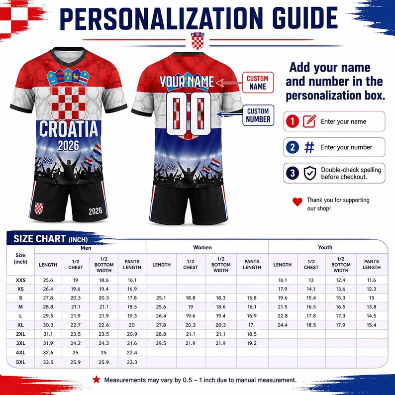 Pu&ograve; includere: Un set maglia e pantaloncini da calcio della Croazia con motivo a scacchi rossi e bianchi, la scritta CROATIA 2026 e una grafica di una folla allo stadio. Include una guida alla personalizzazione con istruzioni e una tabella taglie in pollici.