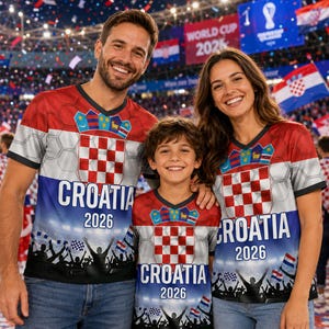 May include: A short-sleeved V-neck t-shirt featuring the red and white checkered Croatian coat of arms, the text "CROATIA 2026", and a graphic of a cheering stadium crowd. The shirt has a red, white, and blue color scheme with a hexagonal pattern.