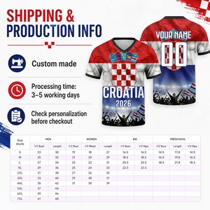 May include: A custom Croatia soccer jersey featuring a red and white checkered pattern, the text CROATIA 2026, and a stadium crowd graphic. The back displays YOUR NAME and the number 00. A size chart in inches is provided for men, women, and children.