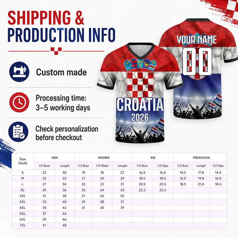 May include: A custom Croatia soccer jersey featuring a red and white checkered pattern, the text CROATIA 2026, and a stadium crowd graphic. The back displays YOUR NAME and the number 00. A size chart in inches is provided for men, women, and children.