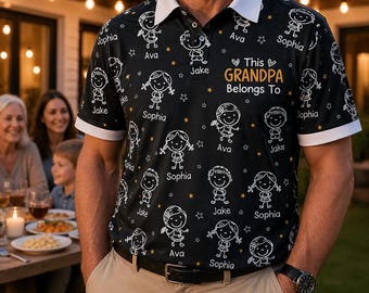 Esta camiseta polo personalizada con el dibujo "Este abuelo pertenece a" es un regalo del Día del Padre para el abuelo.