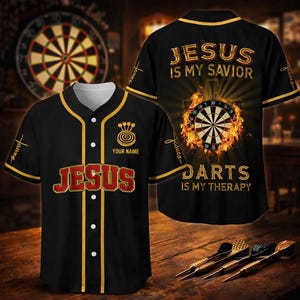 Cross Flame Darts Baseball Jersey, Jesus Dart Is My Therapy Button Down Shirt, Custom Name Number Unisex Team Jersey Gift