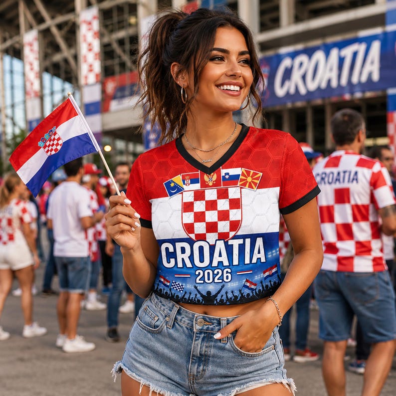 May include: A V-neck t-shirt featuring the red, white, and blue Croatian flag pattern with a central checkerboard emblem. The shirt displays the text CROATIA 2026, a silhouette of a cheering crowd, and small national flags across the chest.