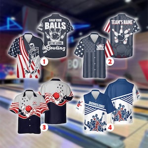 Puede incluir: Colección de camisas con botones con temática de bolos. Los diseños incluyen patrones de la bandera estadounidense, bolos y texto como "Grab Your Balls" y "Bowling". Las camisas presentan varios esquemas de color, incluyendo rojo, blanco, azul y gris.