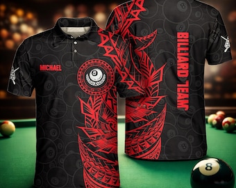 3D All Over Print Red Black Tribal Billiards Polo Shirt, Custom Name Collared Tee for Men & Women, Pool Team Uniform League Shirt
