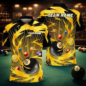 May include: Black and yellow polo shirt with a pool theme. The shirt features a design of swirling yellow lines, pool balls, and the number 8. The text "YOUR NAME" is above the chest, and "TEAM NAME" is on the back.