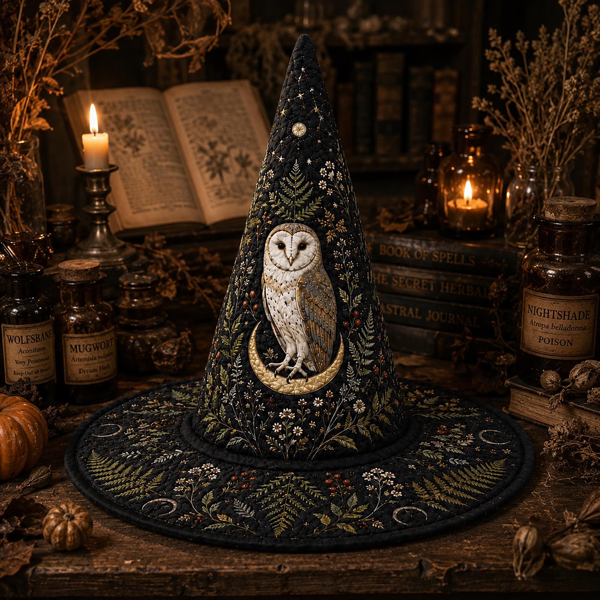 Personalized Quilted Witch Hat, Moonlit Owl Witch Hat, Gothic Halloween Costume, Dark Forest Witch H