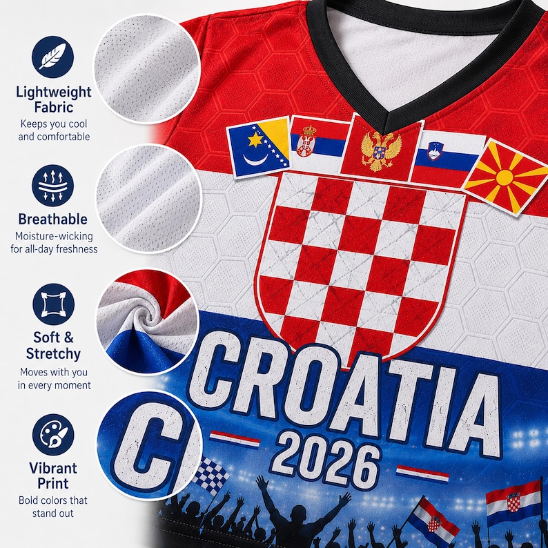 May include: A red, white, and blue V-neck jersey featuring a large Croatian checkerboard crest, the text CROATIA 2026, and a stadium crowd graphic. The fabric has a hexagonal pattern, and the design includes small national flags across the chest.