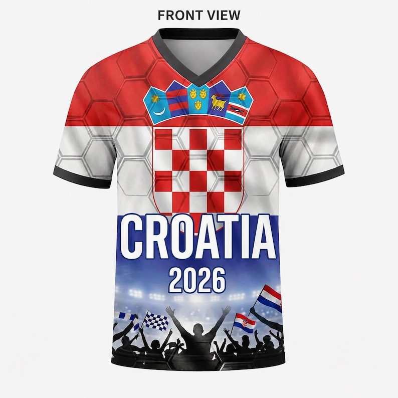 May include: A V-neck t-shirt featuring the Croatian flag with a red and white checkerboard pattern, the text CROATIA 2026, and a graphic of a cheering crowd with flags at the bottom. The design includes a honeycomb overlay and a coat of arms.