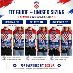 Pu&ograve; includere: Una guida alle taglie unisex per la maglia da calcio Croazia 2026. Il grafico mostra stili di vestibilit&agrave; regolare, rilassata e oversize con etichette di testo e illustrazioni della maglia, caratterizzata da un motivo a scacchi rosso e bianco.