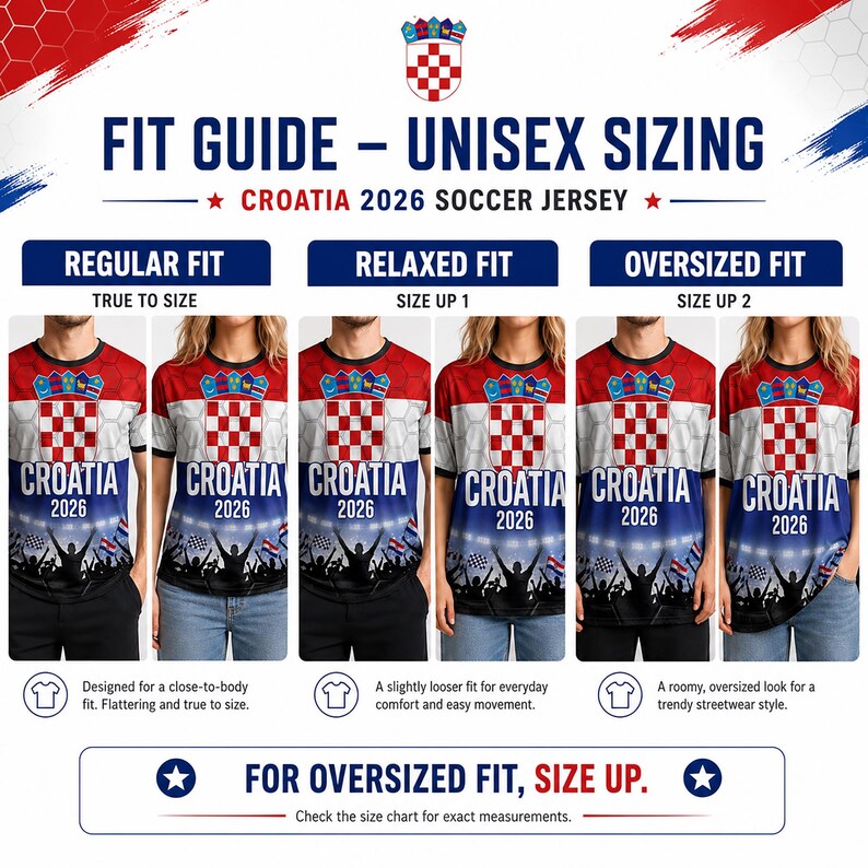 Pu&ograve; includere: Una guida alle taglie unisex per la maglia da calcio Croazia 2026. Il grafico mostra stili di vestibilit&agrave; regolare, rilassata e oversize con etichette di testo e illustrazioni della maglia, caratterizzata da un motivo a scacchi rosso e bianco.