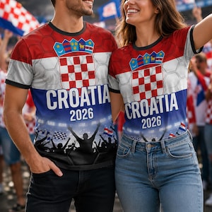 Pu&ograve; includere: Una t-shirt a maniche corte con il design della bandiera croata nei colori rosso, bianco e blu, un motivo a nido d'ape, lo stemma e la scritta Croatia 2026 stampata sopra la sagoma di una folla festante in uno stadio.