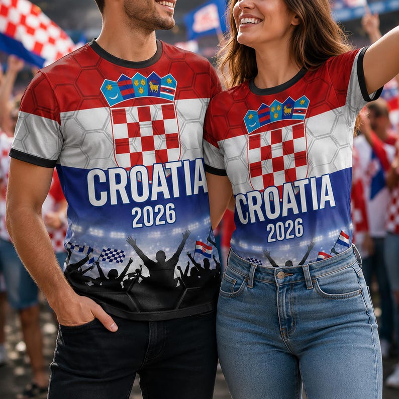Pu&ograve; includere: Una t-shirt a maniche corte con il design della bandiera croata nei colori rosso, bianco e blu, un motivo a nido d'ape, lo stemma e la scritta Croatia 2026 stampata sopra la sagoma di una folla festante in uno stadio.