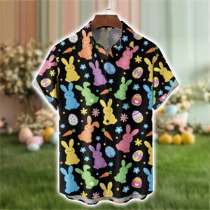 Easter Hawaiian Shirt | Lightweight Breathable Comfort | Easter Egg Bunny Chest Pocket Print | Spring Holiday Party Button Down