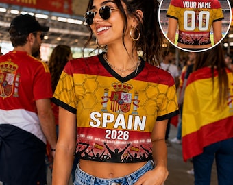 Custom Spain Crop Top Soccer Jersey 2026, Personalized Name Number World Cup Shirt for Women, Game Day Fan Gift