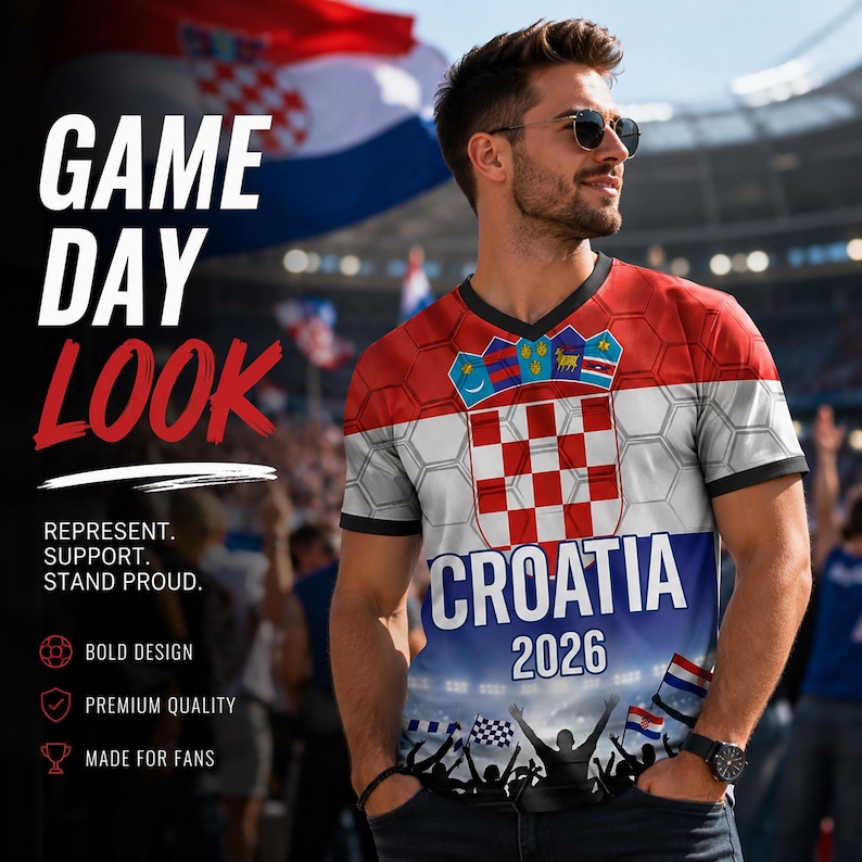 May include: A short-sleeve V-neck t-shirt featuring the red and white checkered Croatian coat of arms, the text "CROATIA 2026", and a graphic of a cheering crowd at the bottom. The shirt has a hexagonal pattern overlay and black trim.