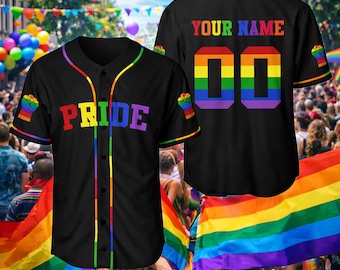 Personalized LGBT Pride Rainbow Baseball Jersey, Custom Name Button Up Shirt, Colorful Unisex Pride Outfit for Parade