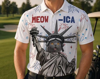 Polo patriótico personalizado con foto de Meowica, polo con foto de gato personalizada, regalo divertido para amantes de los gatos estadounidenses.