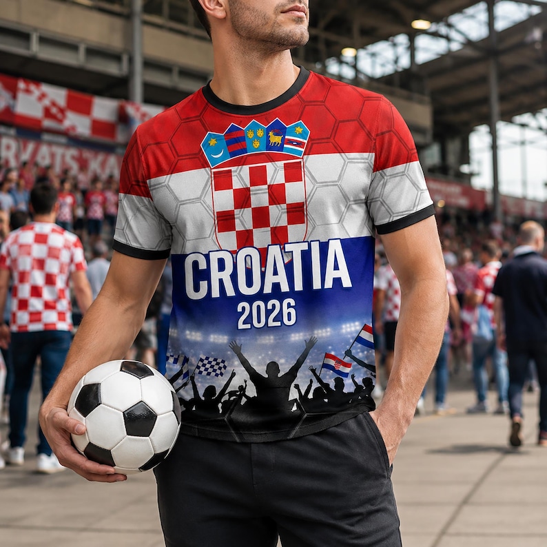 Pu&ograve; includere: Una t-shirt a maniche corte con un design della bandiera croata rossa, bianca e blu con un motivo a nido d'ape, il testo CROATIA 2026 e una grafica di una folla in festa in uno stadio. La maglietta ha un girocollo e bordi manica neri.