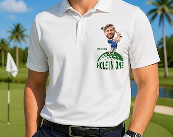 Polo de golf personalizado con la cara de un hoyo en uno, camiseta de golf personalizada con foto para papá o esposo, regalo divertido para golfistas.