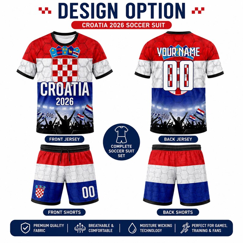 Pu&ograve; includere: Un completo da calcio Croazia 2026 composto da maglia e pantaloncini con motivo a scacchi rossi e bianchi. La maglia riporta la scritta Croatia 2026, uno stemma e una grafica di una folla da stadio. Il retro mostra la scritta Your Name e il numero 00.