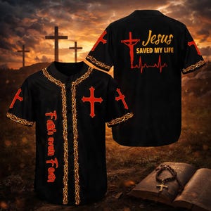 Faith Over Fear Cross Baseball Jersey, Christian Button Up Shirt, Black Red Unisex Church Baseball Top, Religious Gift