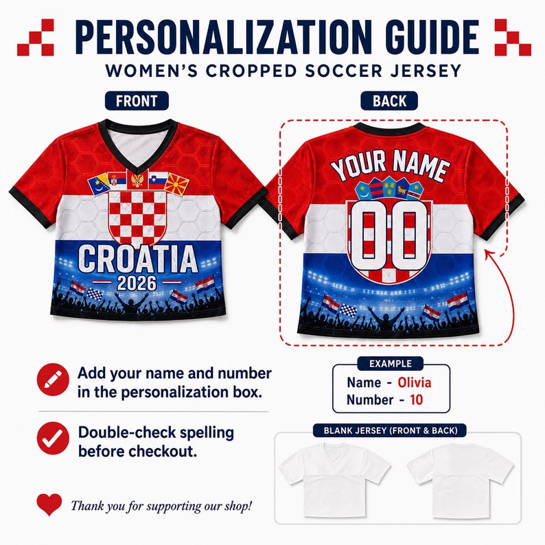 May include: A cropped soccer jersey featuring the Croatian flag design in red, white, and blue with a honeycomb pattern. The front displays the text CROATIA 2026, while the back shows a placeholder for a name and the number 00. Includes a stadium graphic.