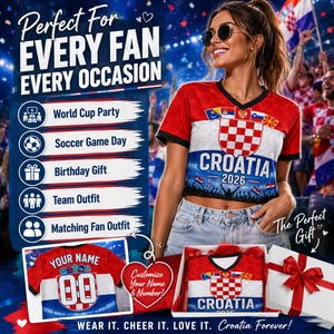 May include: A red, white, and blue V-neck t-shirt featuring the Croatian checkerboard emblem, the text CROATIA 2026, and a soccer-themed graphic. The shirt is displayed in a gift box with a red ribbon and as a customizable version with name and number.