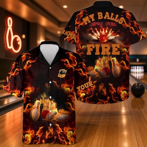 Divertida camisa hawaiana de bolos con llamas para hombre, camisa hawaiana con botones "My Balls Are On Fire", regalo para jugadores de bolos